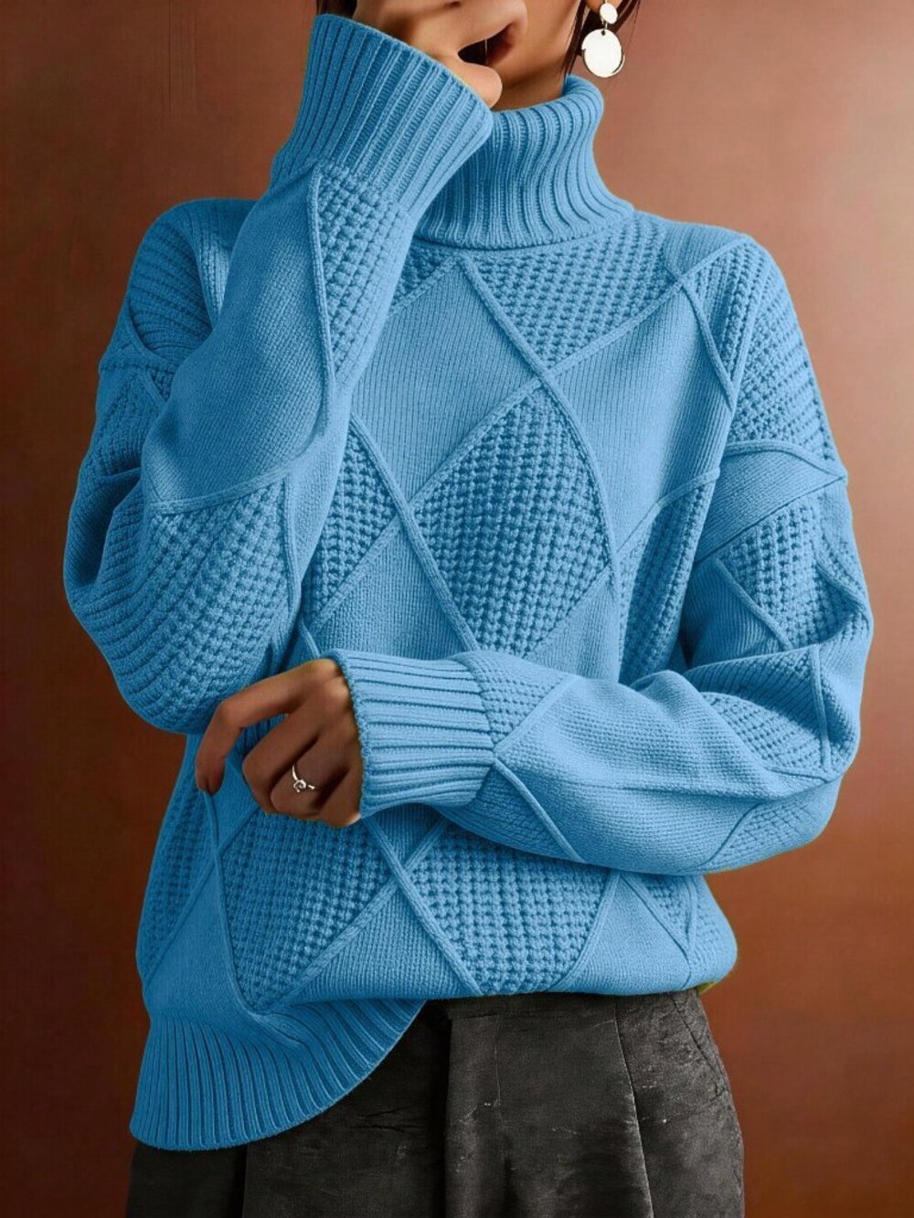 Baby Blue Casual Women's Plus Size Turtleneck Sweater